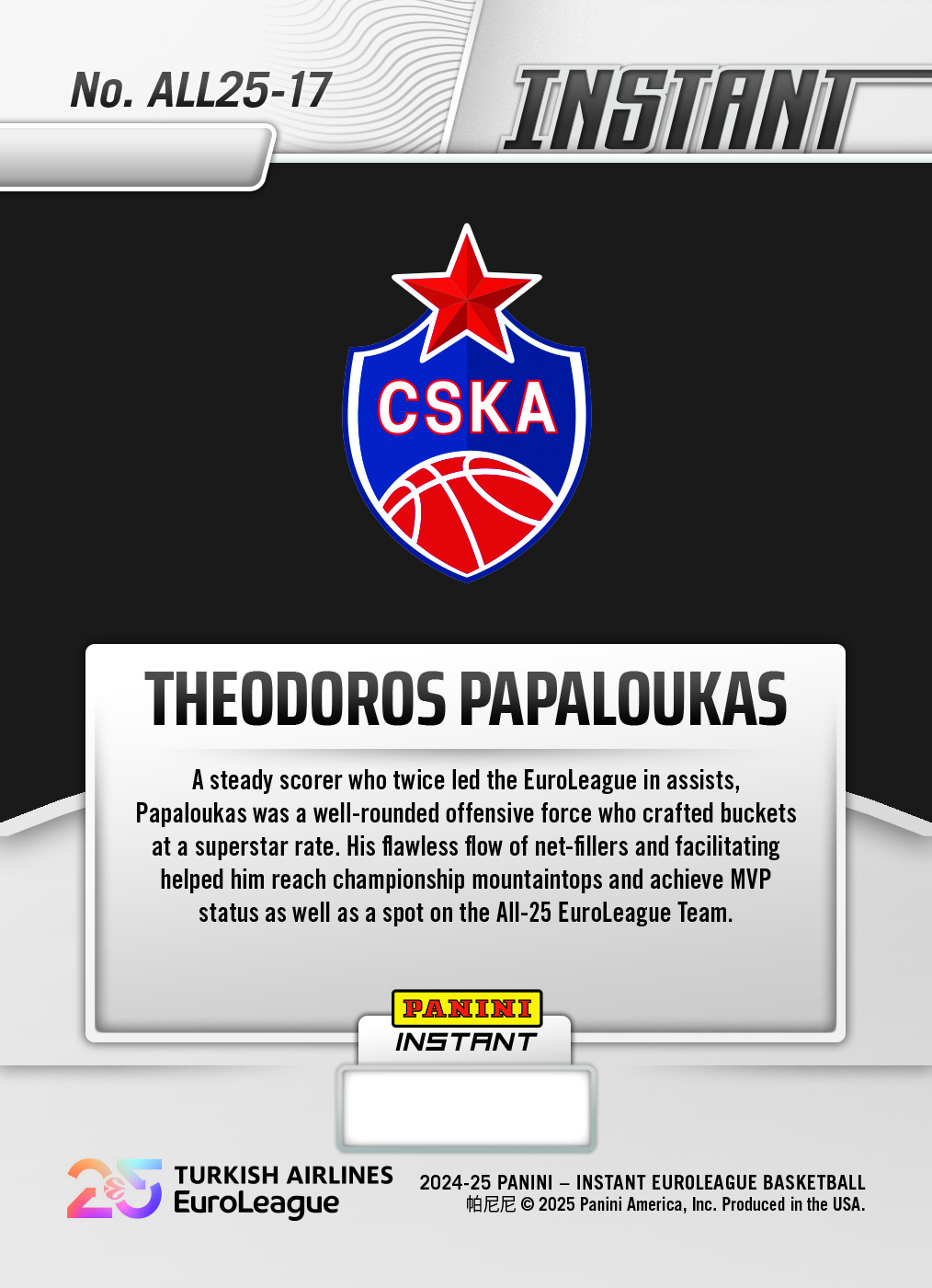 Theodoros Papaloukas - 2024-25 Panini Instant Turkish Airlines EuroLeague All-25 EuroLeague Team #ALL25-17 - Water /10 Auto - Image 2