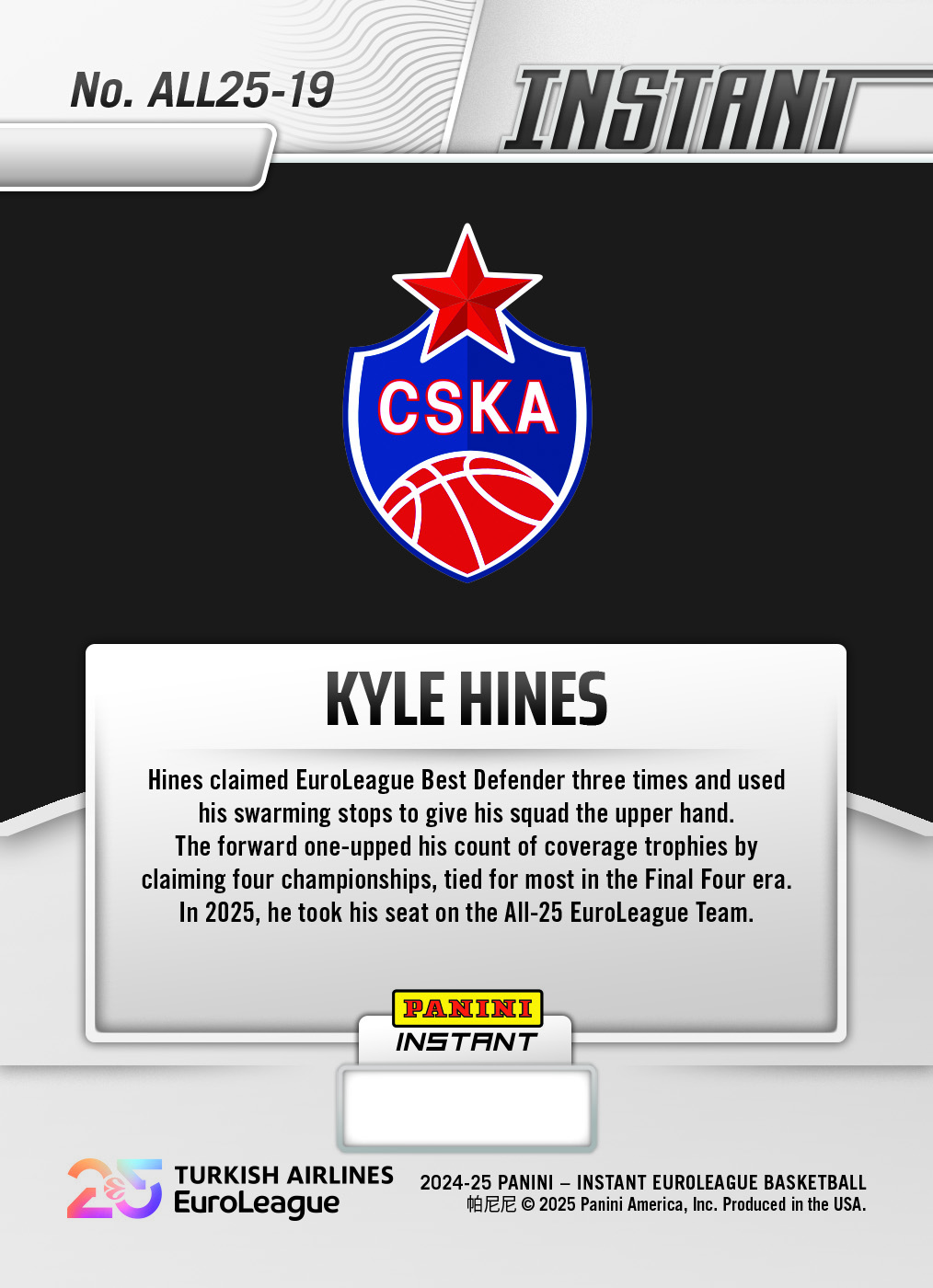 Kyle Hines - 2024-25 Panini Instant Turkish Airlines EuroLeague All-25 EuroLeague Team #ALL25-19 - Lightning /5 - Image 2