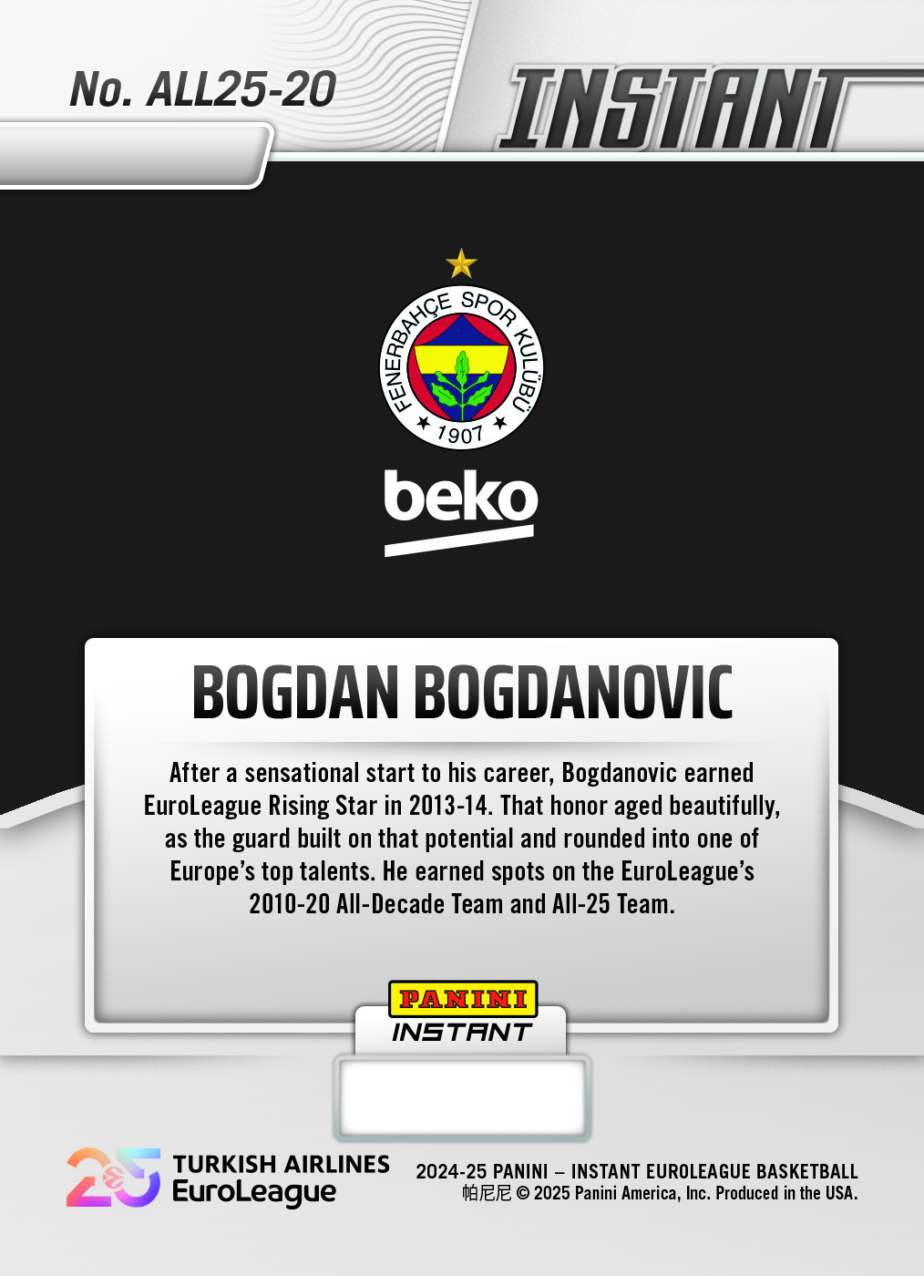 Bogdan Bogdanovic - 2024-25 Panini Instant Turkish Airlines EuroLeague All-25 EuroLeague Team #ALL25-20 - Magma 1/1 - Image 2