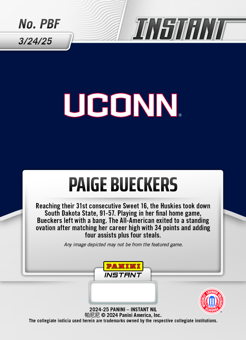 Paige Bueckers - 2024 Panini Instant College Basketball #PBF - White Tiger /5 - Image 2
