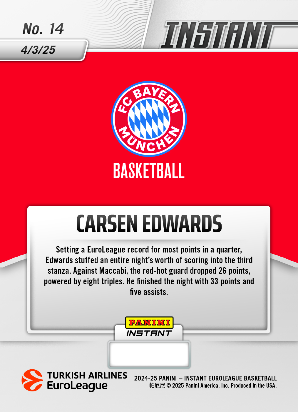 Carsen Edwards - 2024-25 Panini Instant Turkish Airlines EuroLeague #14 - Magma 1/1 Auto - Image 2