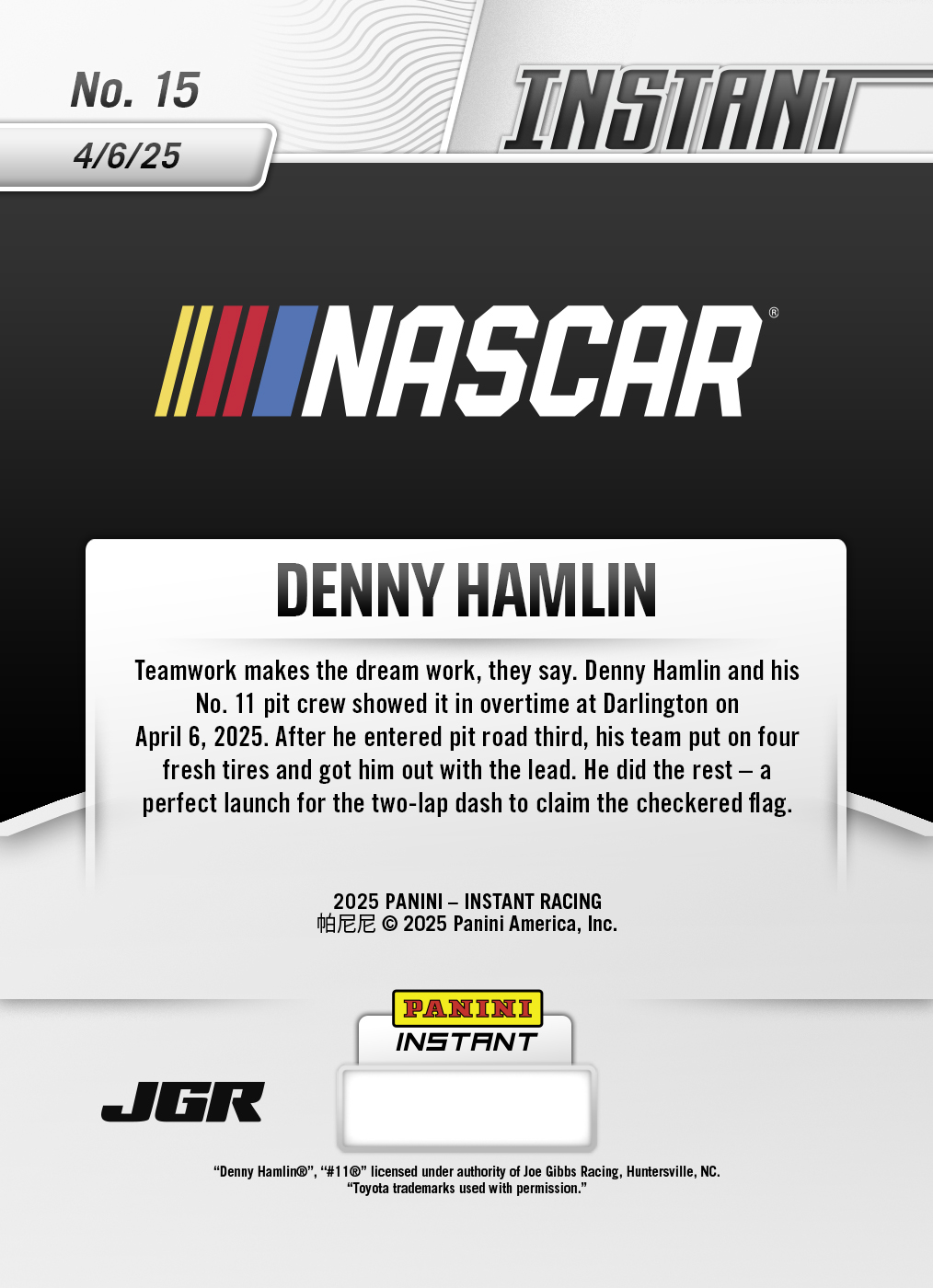 Denny Hamlin - 2025 Panini Instant NASCAR #15 - Lightning /5 - Image 2