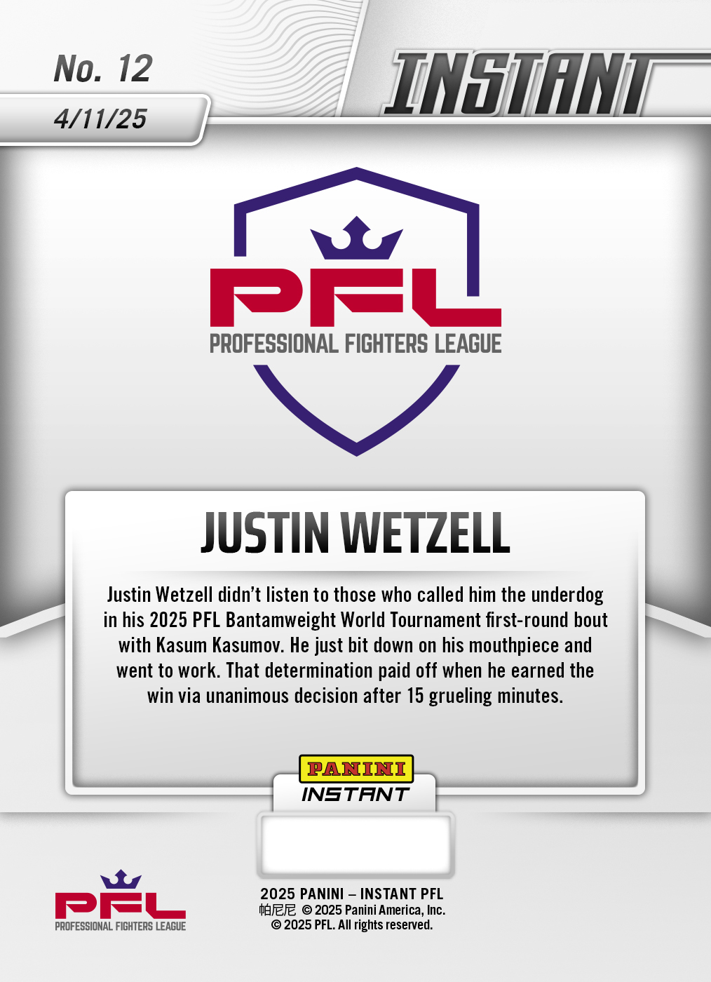 Justin Wetzel - 2025 Panini Instant PFL #12 - Lightning /5 - Image 2