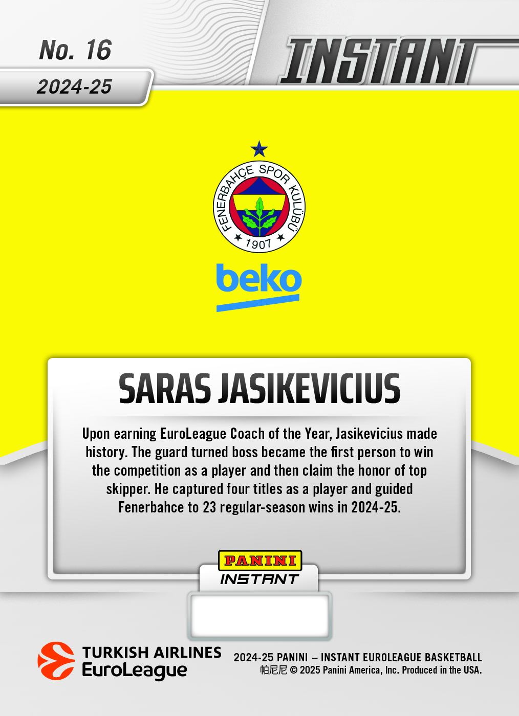 Saras Jasikevicius - 2024-25 Panini Instant Turkish Airlines EuroLeague #16 - Magma 1/1 - Image 2