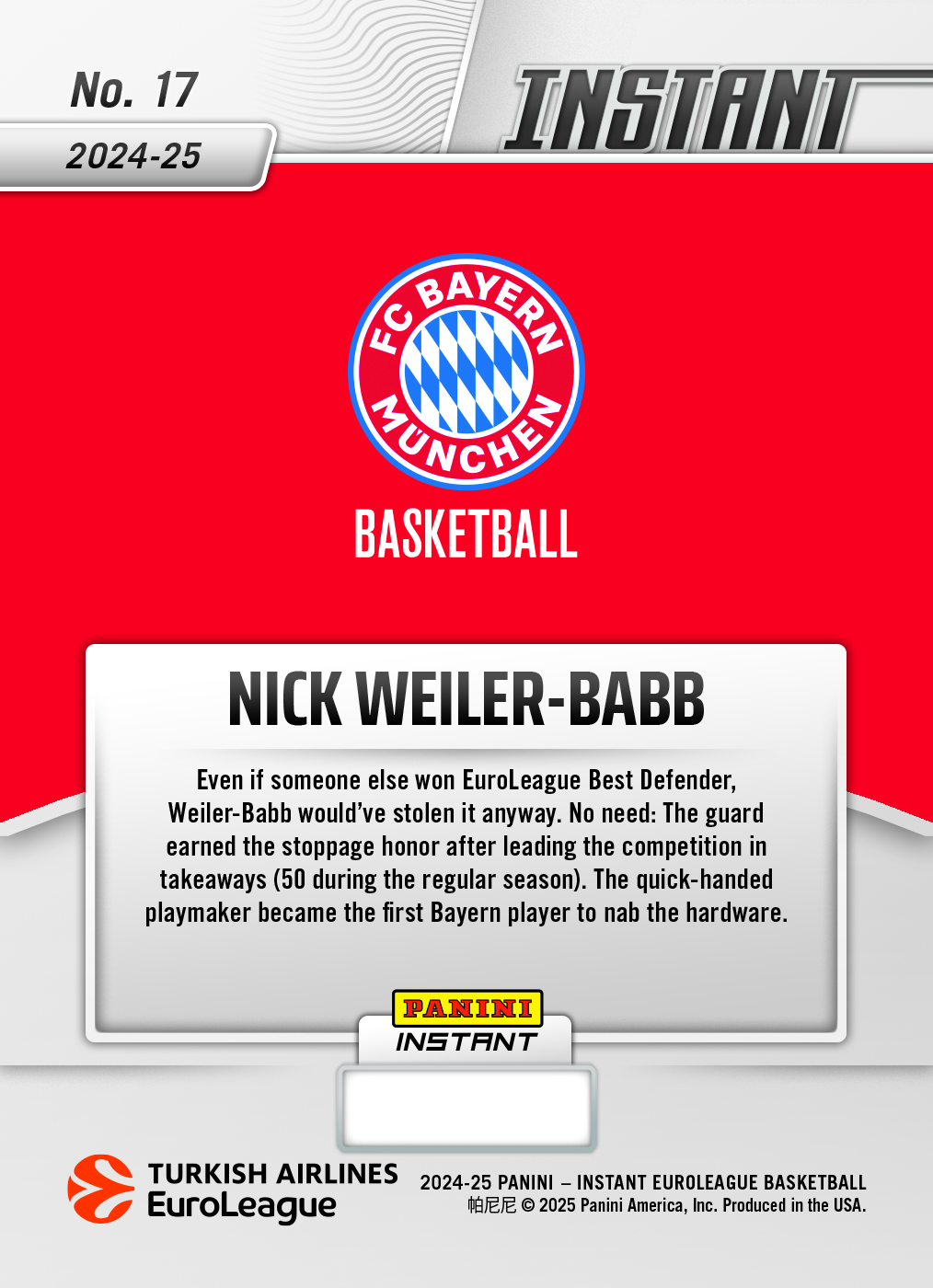 Nick Weiler-Babb - 2024-25 Panini Instant Turkish Airlines EuroLeague #17 - Magma 1/1 - Image 2