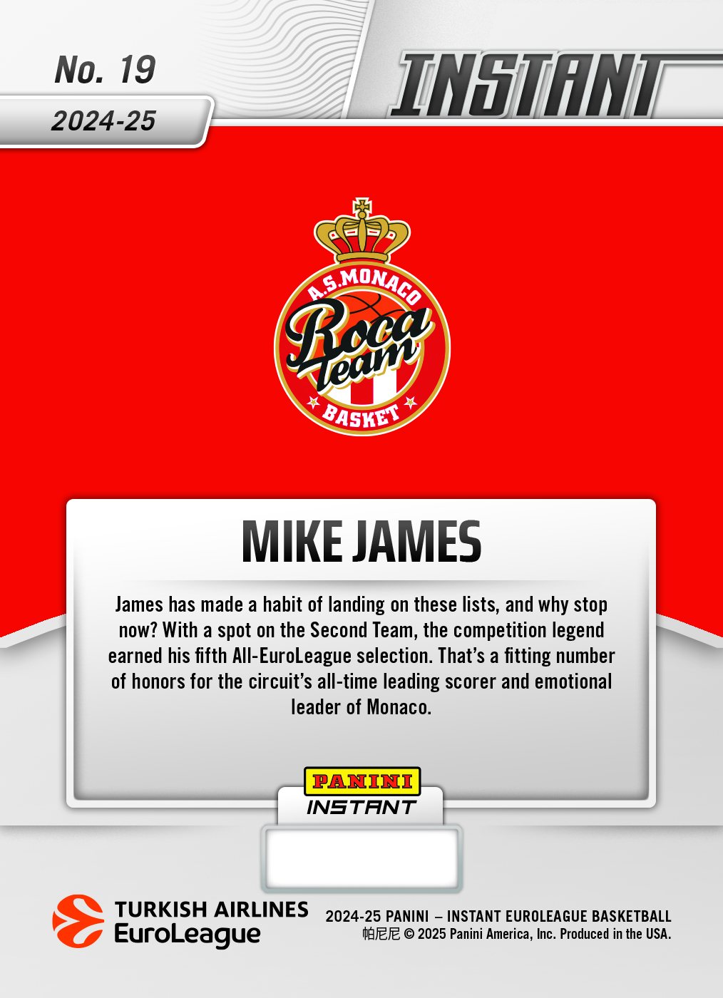 Mike James - 2024-25 Panini Instant Turkish Airlines EuroLeague #19 - Lightning /5 - Image 2