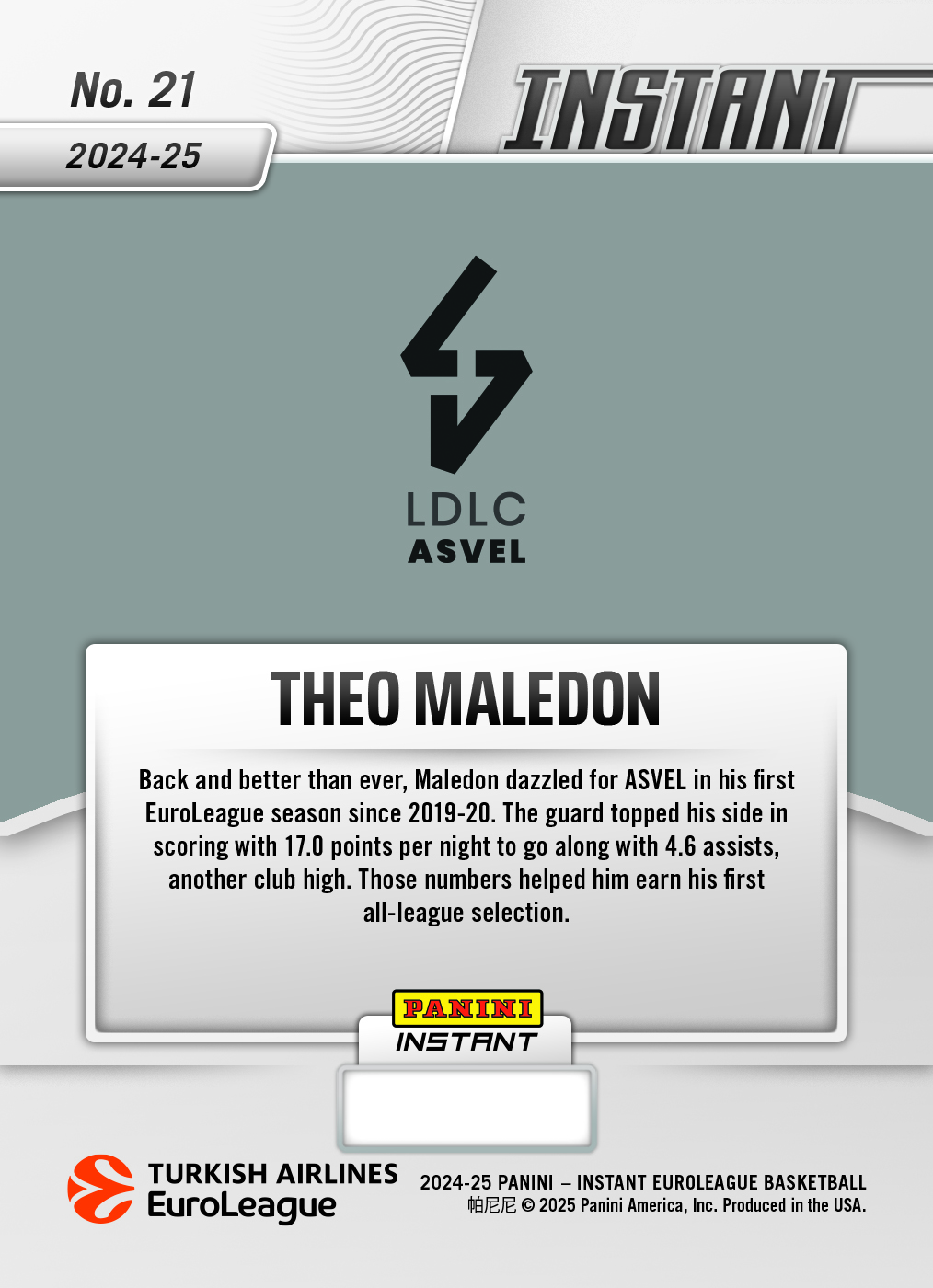 Theo Maledon - 2024-25 Panini Instant Turkish Airlines EuroLeague #21 - Water /10 Auto - Image 2