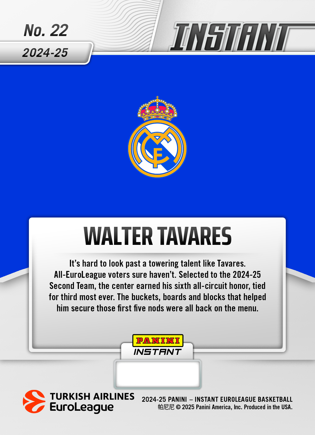 Walter Tavares - 2024-25 Panini Instant Turkish Airlines EuroLeague #22 - Lightning /5 - Image 2