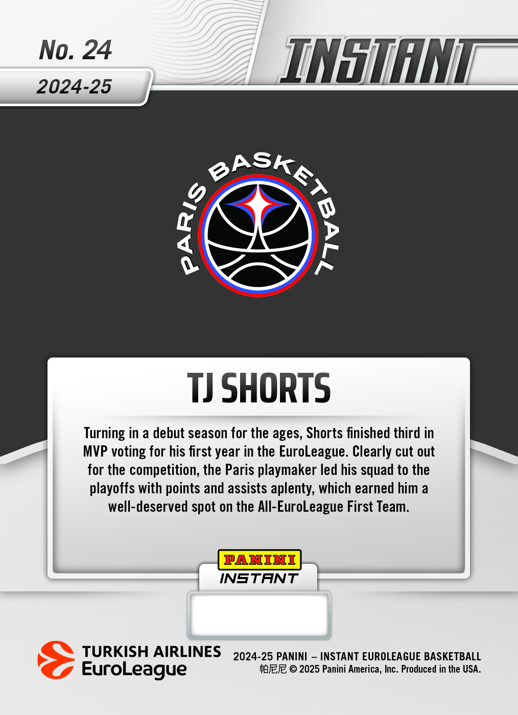 T.J. Shorts - 2024-25 Panini Instant Turkish Airlines EuroLeague #24 - Lightning /5 - Image 2