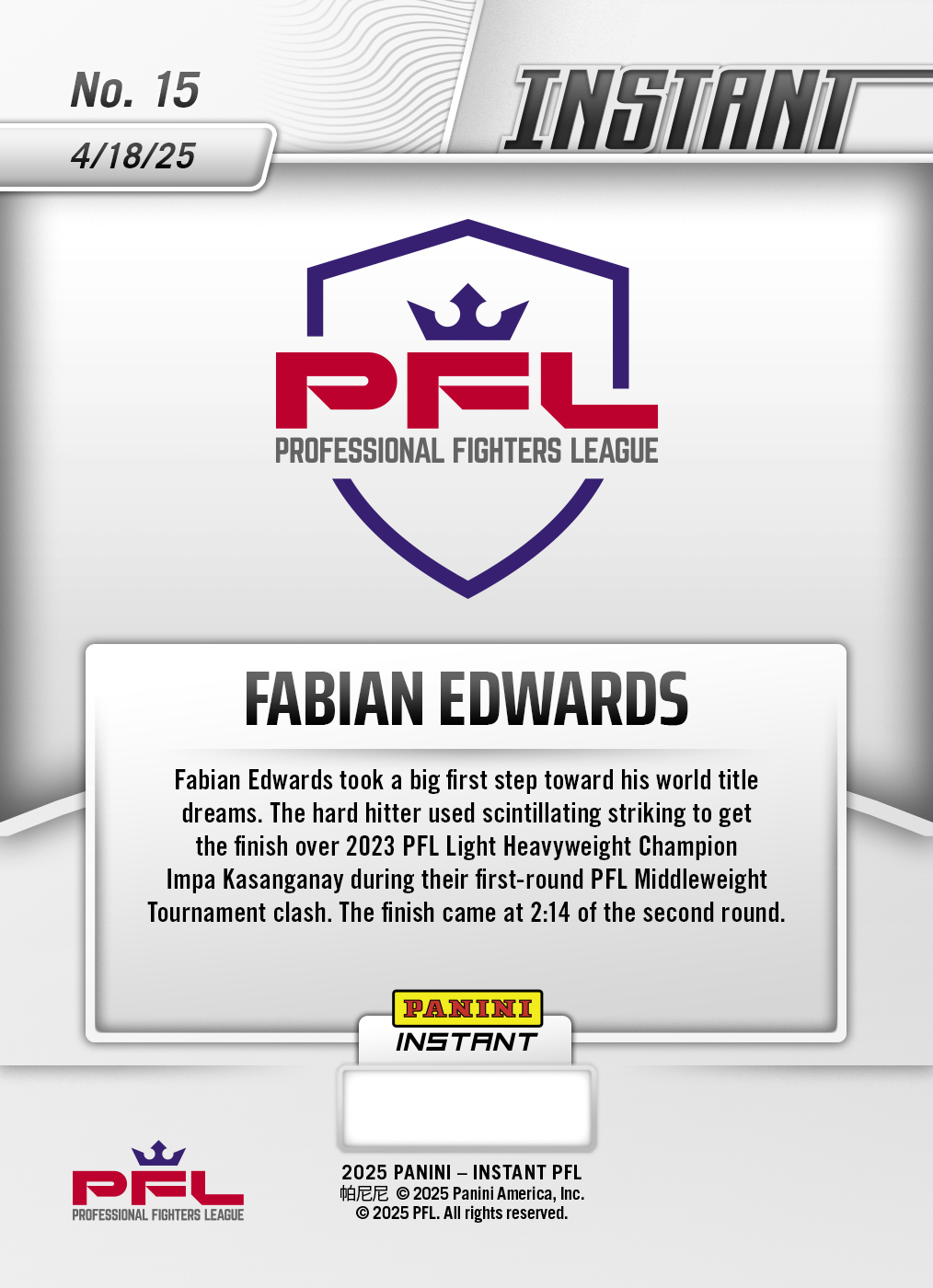 Fabian Edwards - 2025 Panini Instant PFL #15 - Lightning /5 - Image 2
