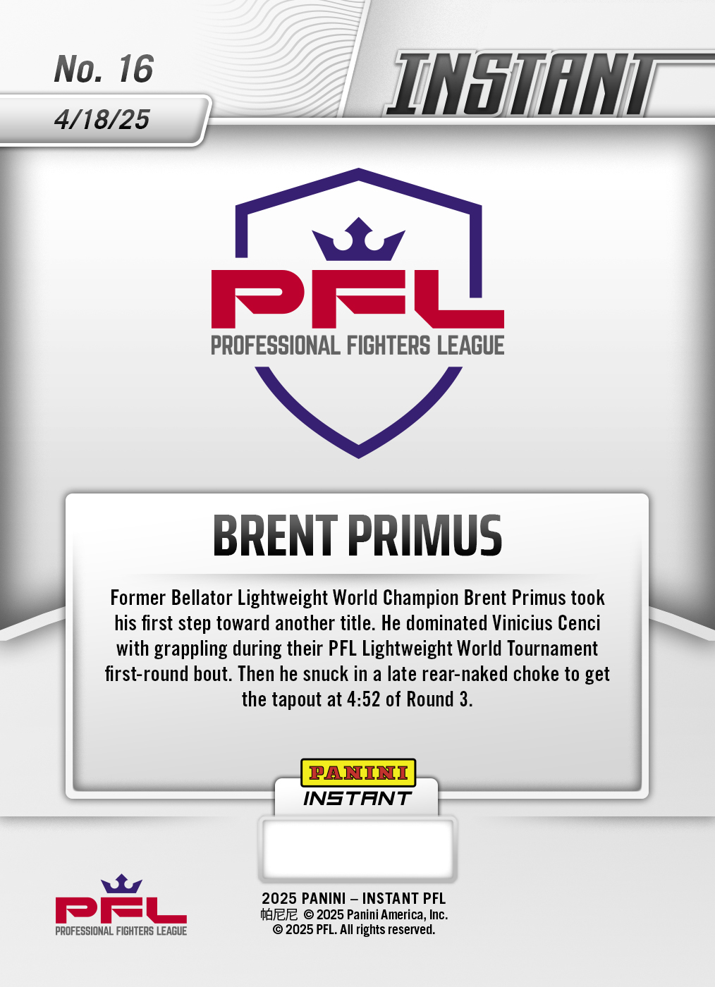 Brent Primus - 2025 Panini Instant PFL #16 - Lightning /5 - Image 2