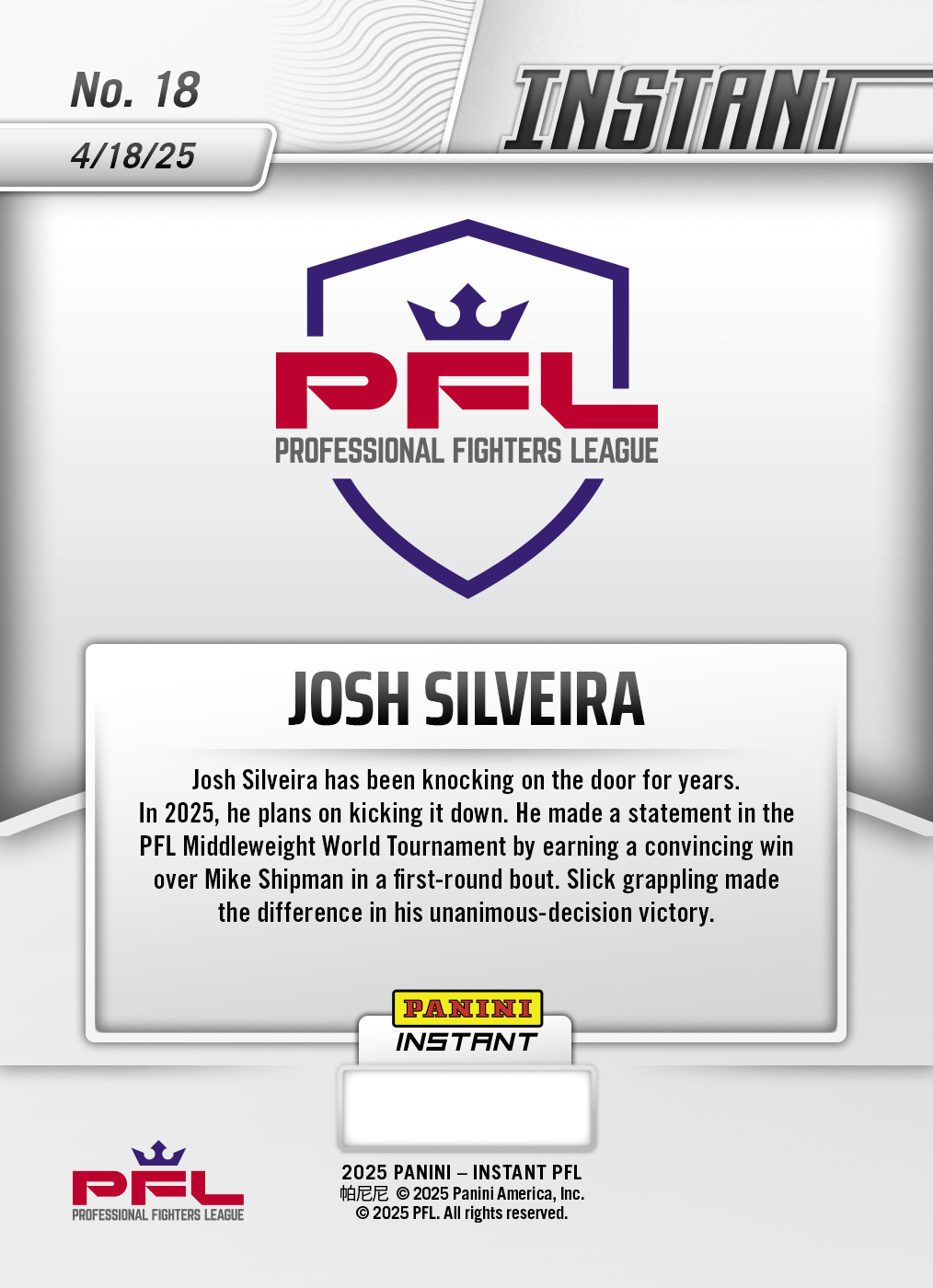 Josh Silveira - 2025 Panini Instant PFL #18 - Lightning /5 - Image 2