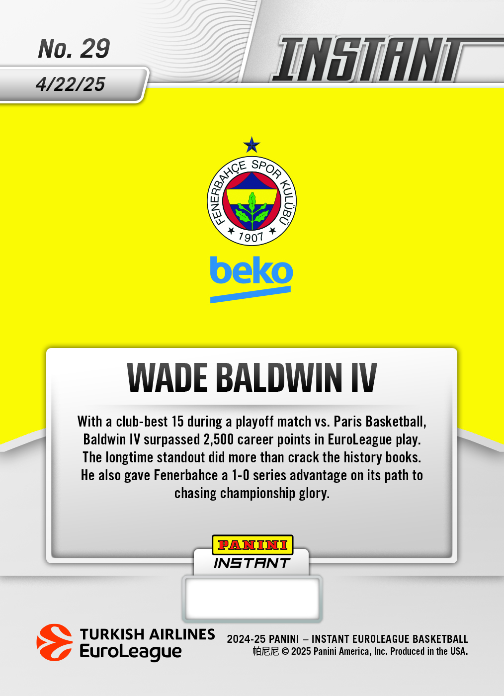 Wade Baldwin IV - 2024-25 Panini Instant Turkish Airlines EuroLeague #29 - Water /10 Auto - Image 2