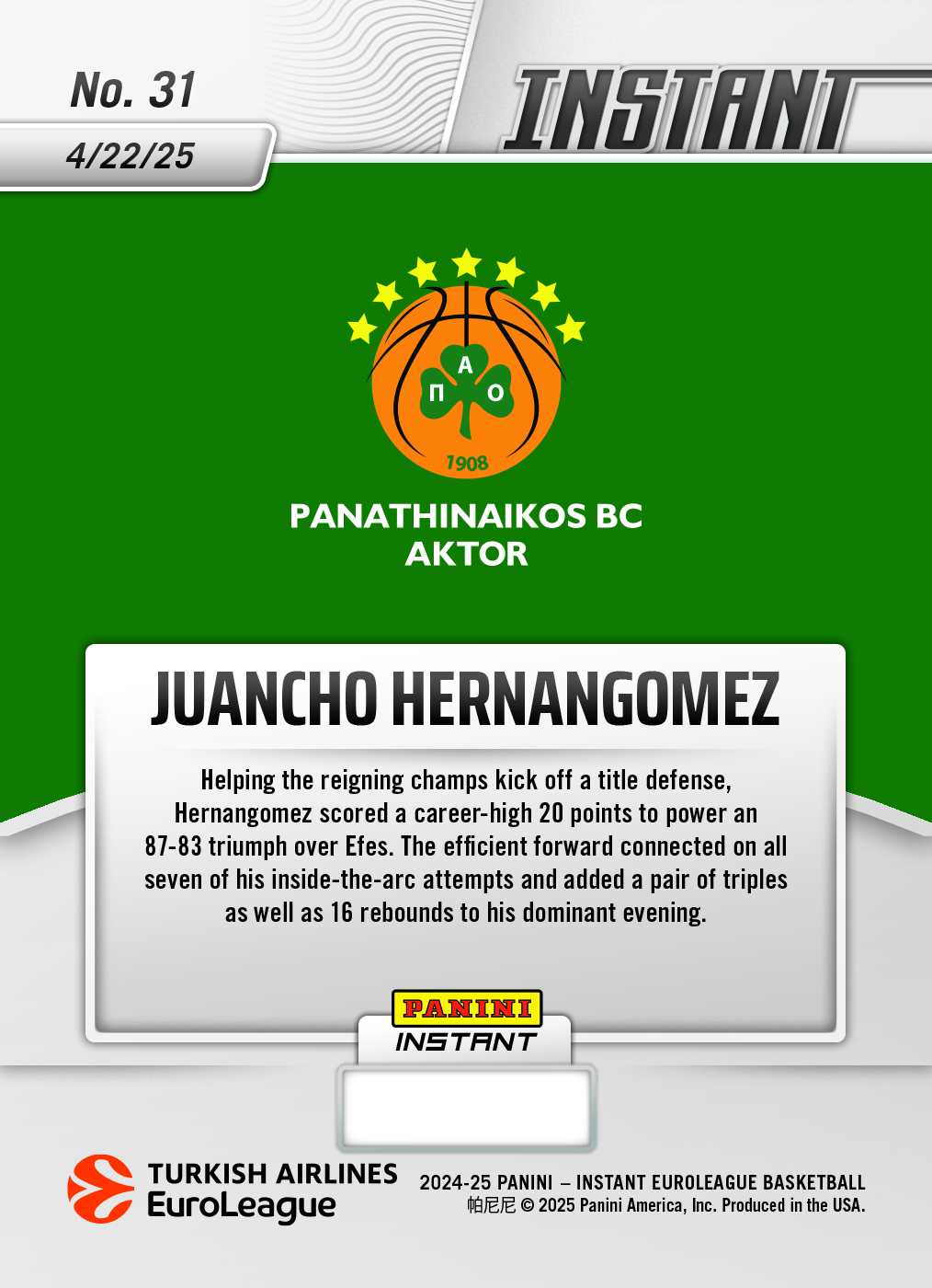 Juancho Hernangomez - 2024-25 Panini Instant Turkish Airlines EuroLeague #31 - Magma 1/1 Auto - Image 2