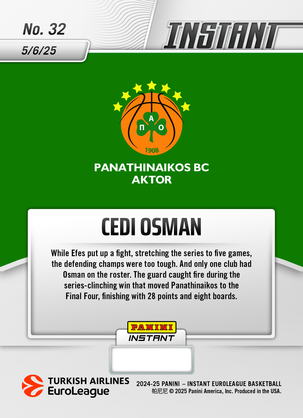Cedi Osman - 2024-25 Panini Instant Turkish Airlines EuroLeague #32 - Lightning /5 - Image 2