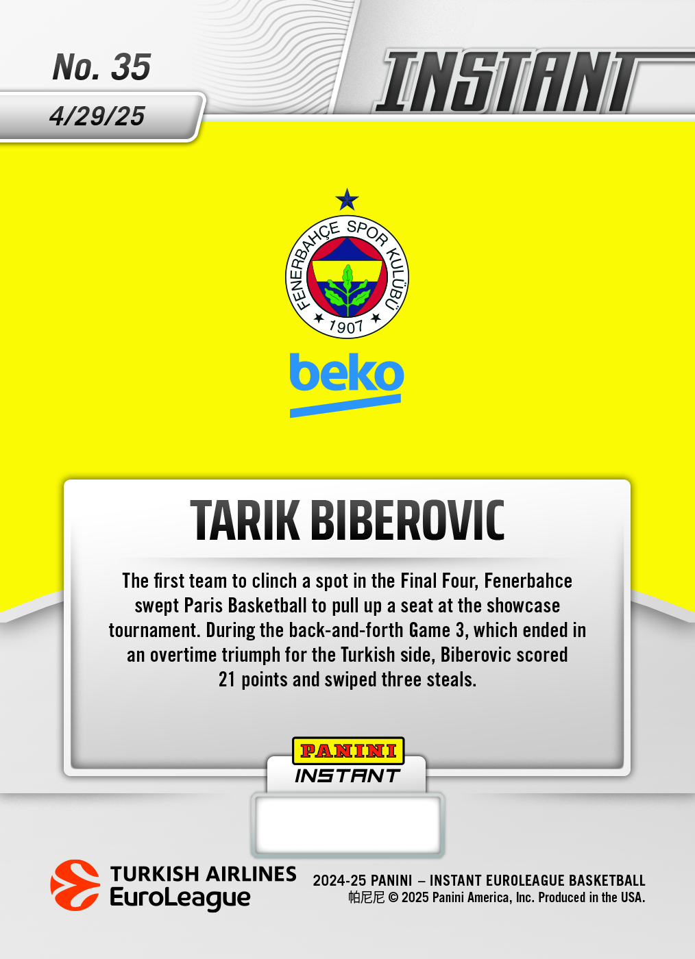Tarik Biberovic - 2024-25 Panini Instant Turkish Airlines EuroLeague #35 - Magma 1/1 - Image 2