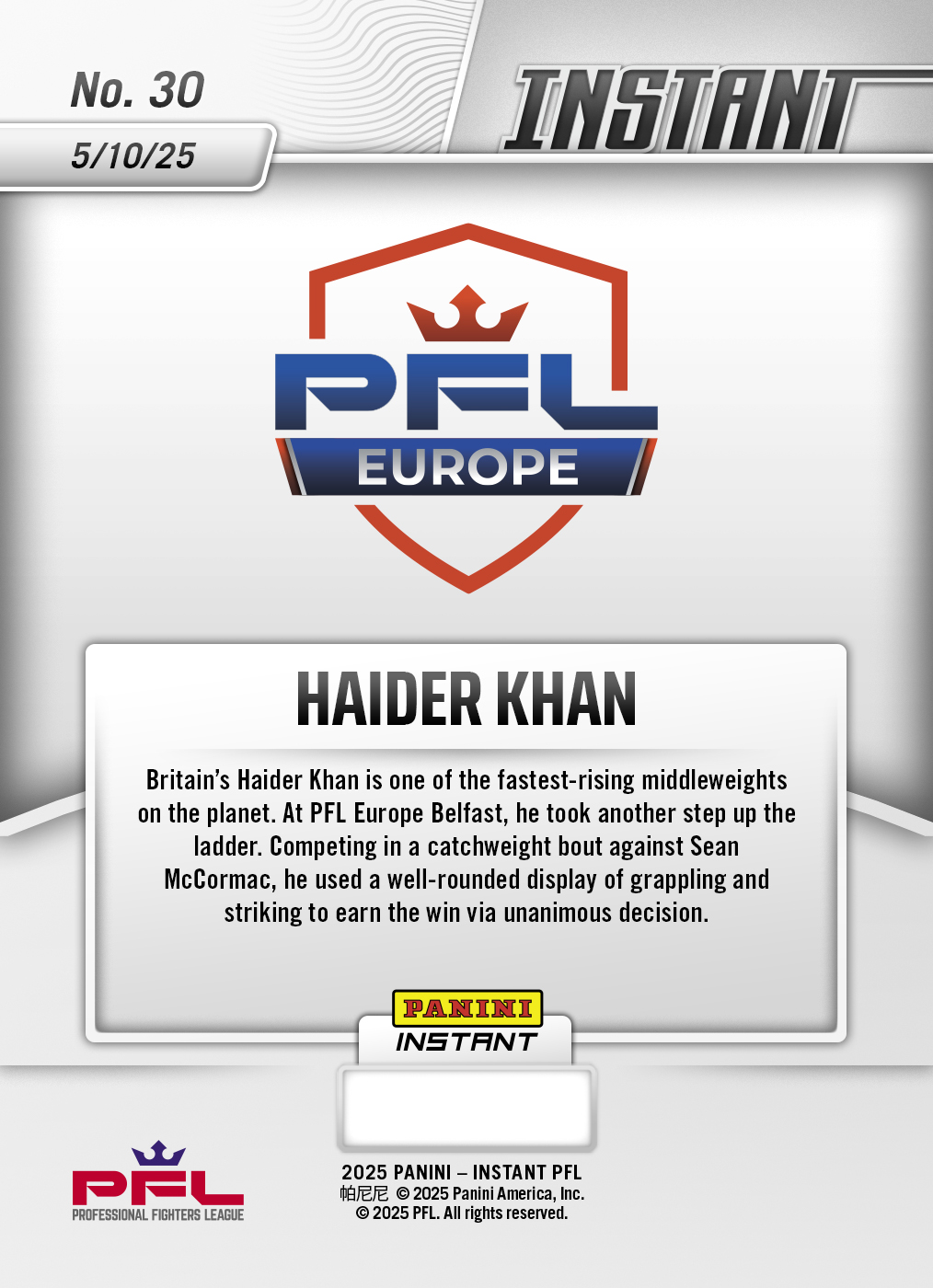 Haider Khan - 2025 Panini Instant PFL #30 - Lightning /5 - Image 2