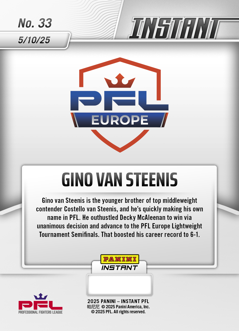 Gino Van Steenis - 2025 Panini Instant PFL #33 - Lightning /5 - Image 2