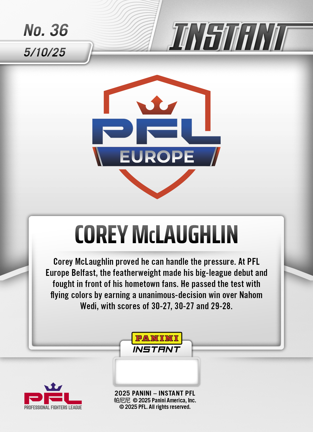 Corey McLaughlin - 2025 Panini Instant PFL #36 - Magma 1/1 - Image 2