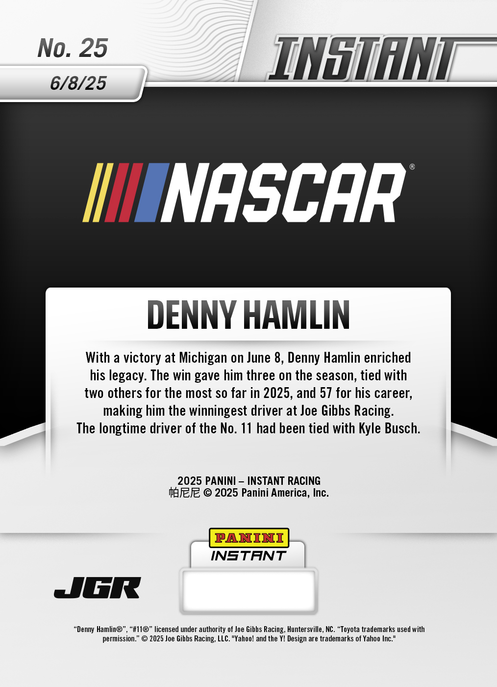Denny Hamlin - 2025 Panini Instant NASCAR #25 - Lightning /5 - Image 2