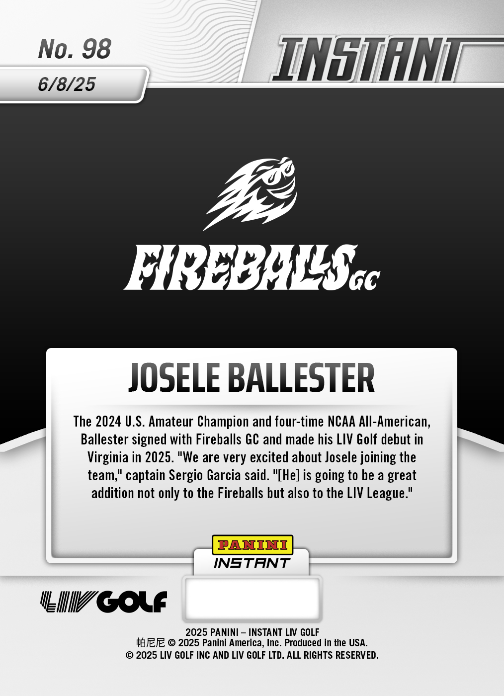 Josele Ballester - 2025 Panini Instant LIV Golf #98 - Lightning /5 - Image 2