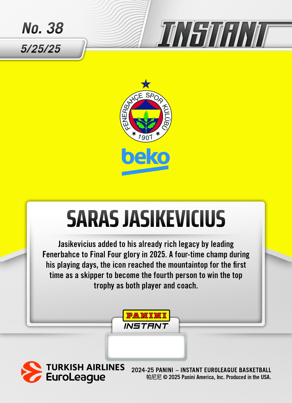 Saras Jasikevicius - 2024-25 Panini Instant Turkish Airlines EuroLeague #38 - Magma 1/1 - Image 2