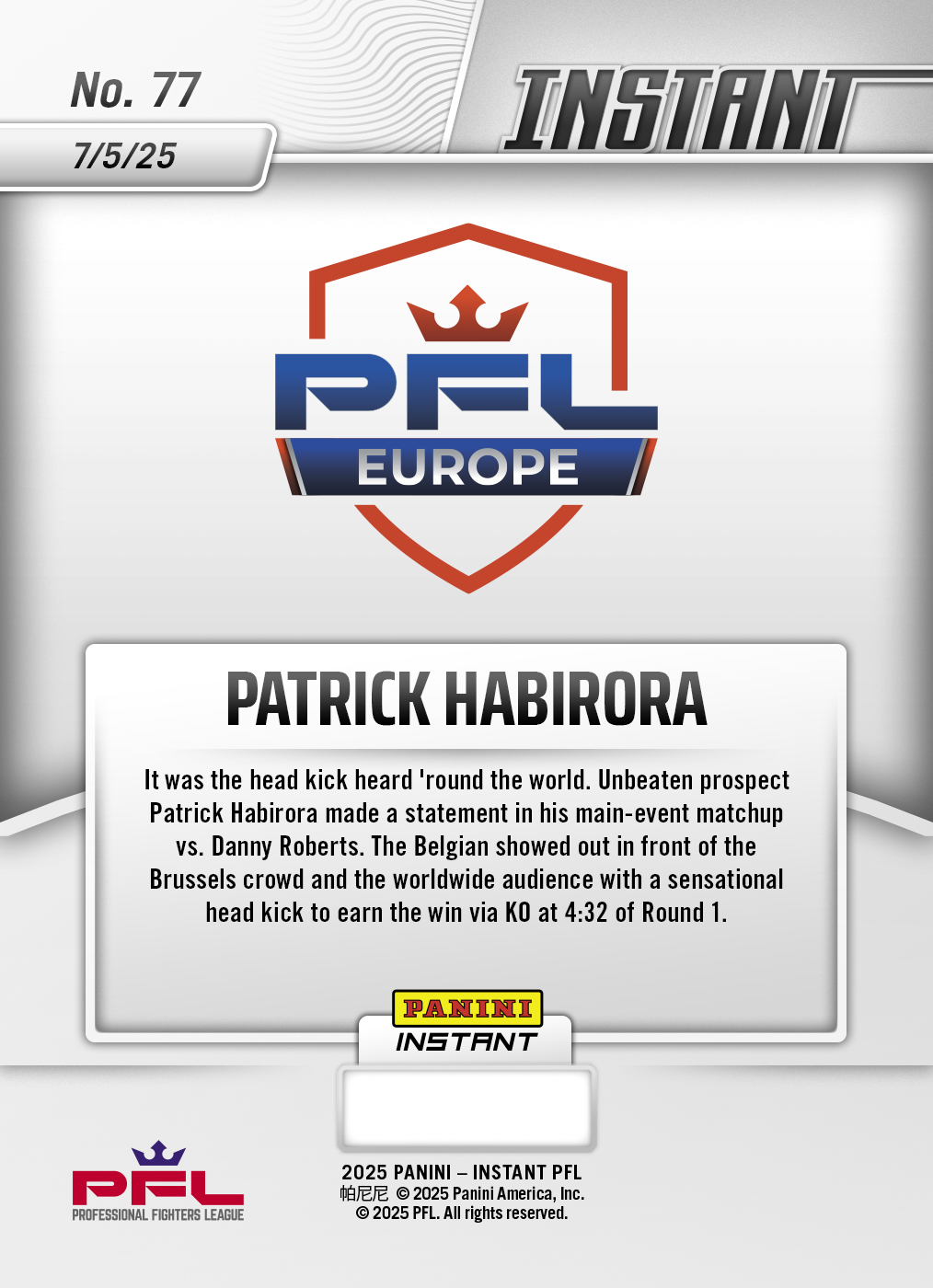 Patrick Habirora - 2025 Panini Instant PFL #77 - Water /10 Auto - Image 2