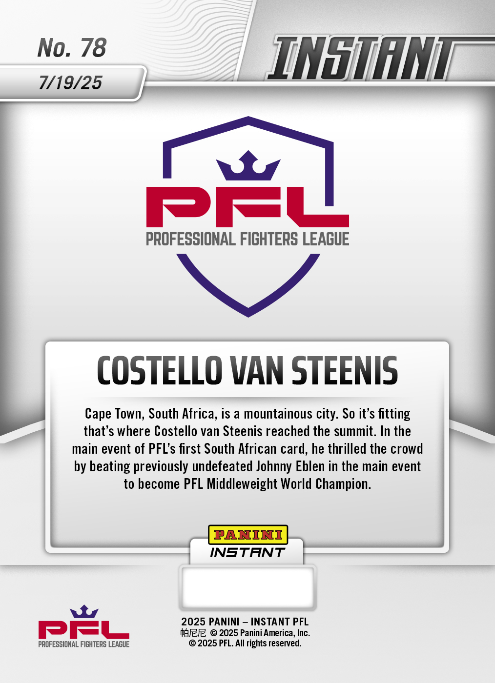 Costello van Steenis - 2025 Panini Instant PFL #78 - Lightning /5 - Image 2