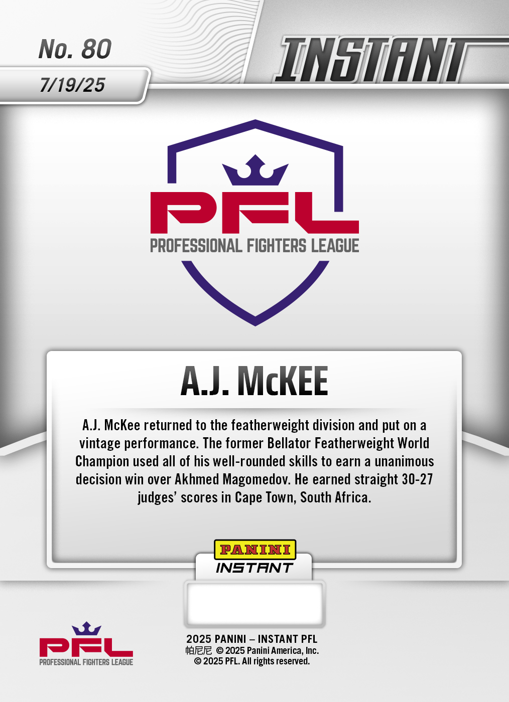 A.J. McKee - 2025 Panini Instant PFL #80 - Magma 1/1 - Image 2