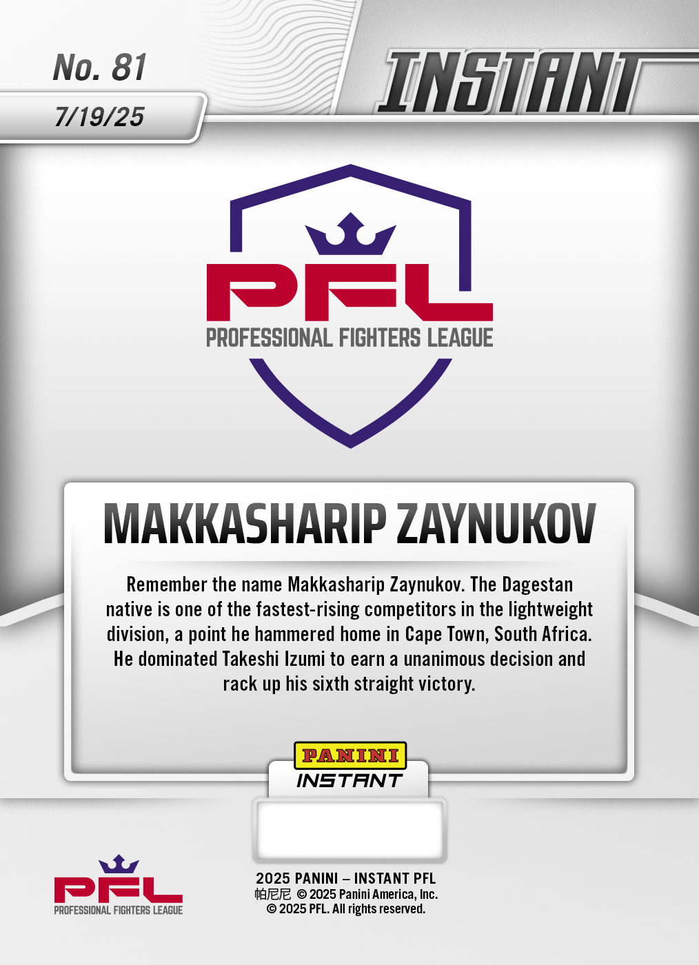 Makkasharip Zaynukov - 2025 Panini Instant PFL #81 - Lightning /5 - Image 2