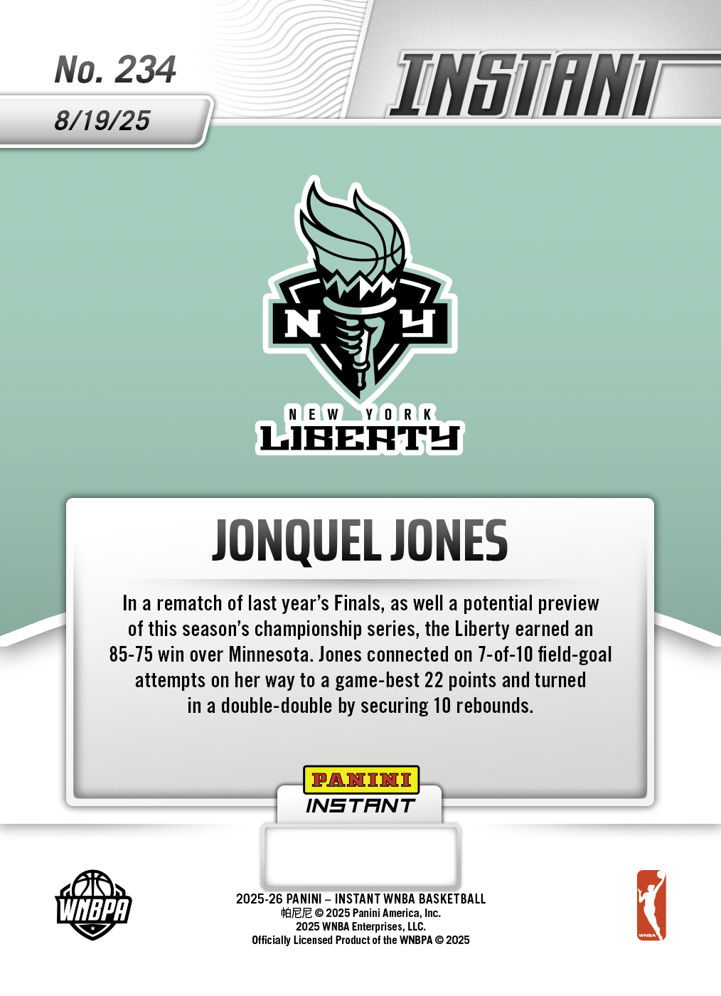 Jonquel Jones - 2025 Panini Instant WNBA #234 - Lightning /5 - Image 2