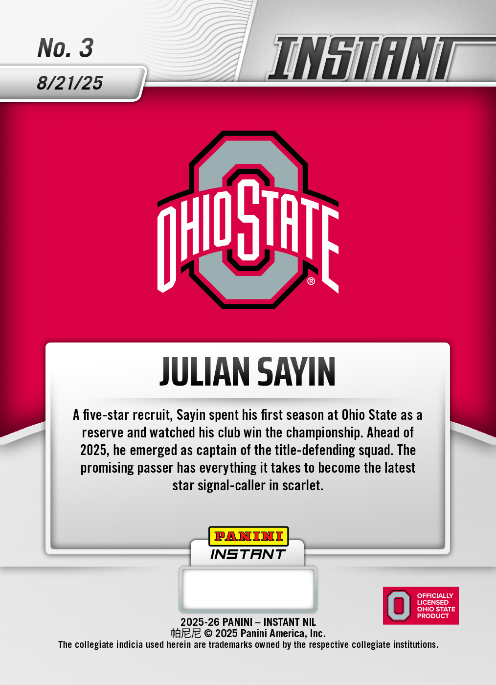 Julian Sayin - 2025 Panini Instant NIL College Football #3 - Lightning /5 - Image 2