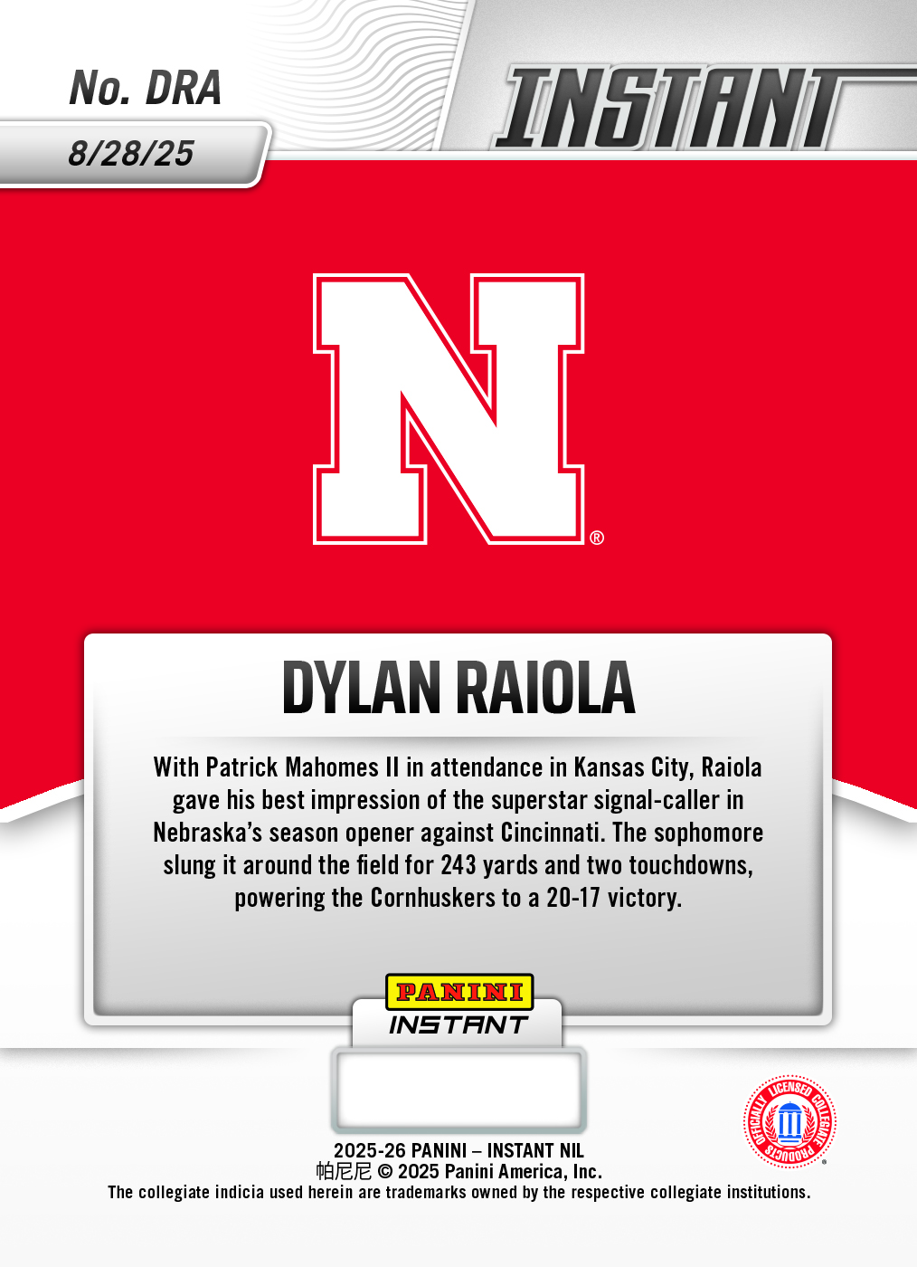 Dylan Raiola - 2025 Panini Instant NIL College Football #DRA - Base /99 Auto - Image 2