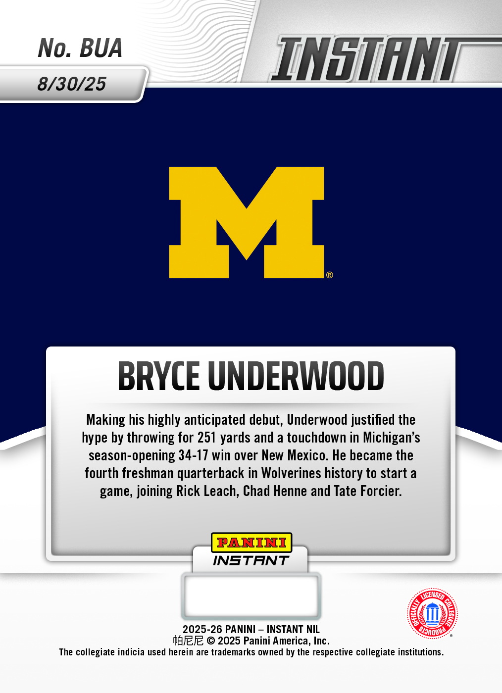 Bryce Underwood - 2025 Panini Instant NIL College Football #BUA - Water /10 Auto - Image 2