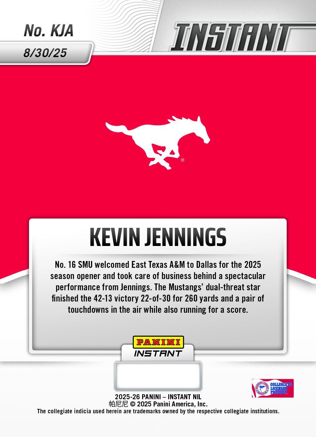 Kevin Jennings - 2025 Panini Instant NIL College Football #KJA - Magma 1/1 - Image 2