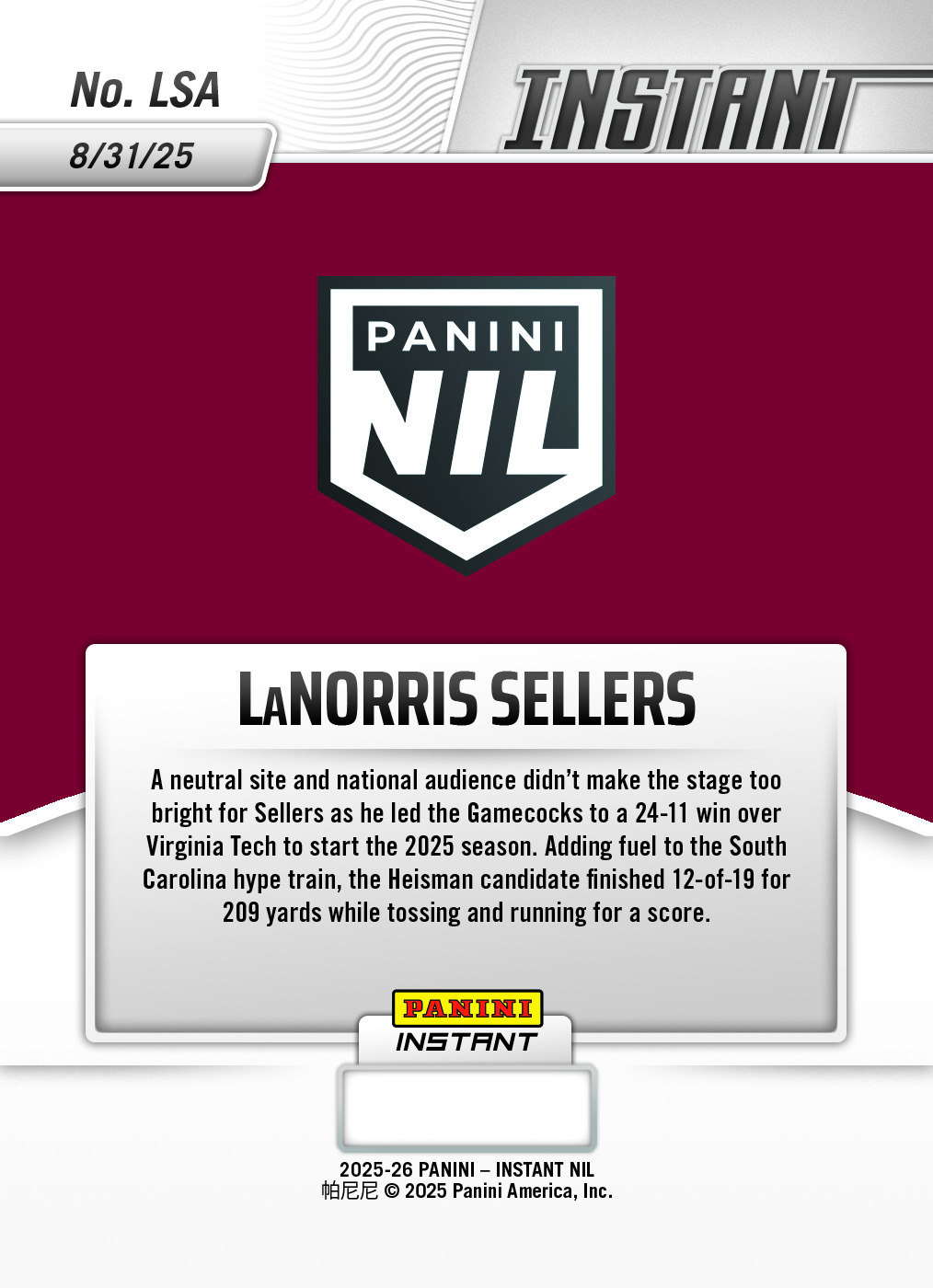 LaNorris Sellers - 2025 Panini Instant NIL College Football #LSA - Magma 1/1 - Image 2