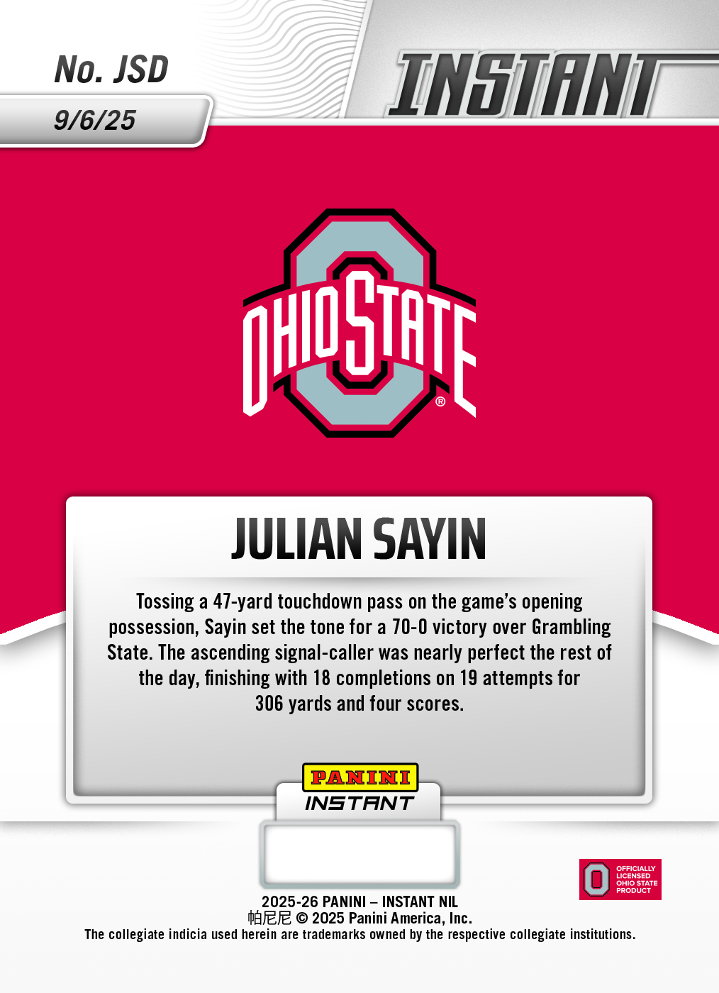 Julian Sayin - 2025 Panini Instant NIL College Football #JSD - Water /10 Auto - Image 2