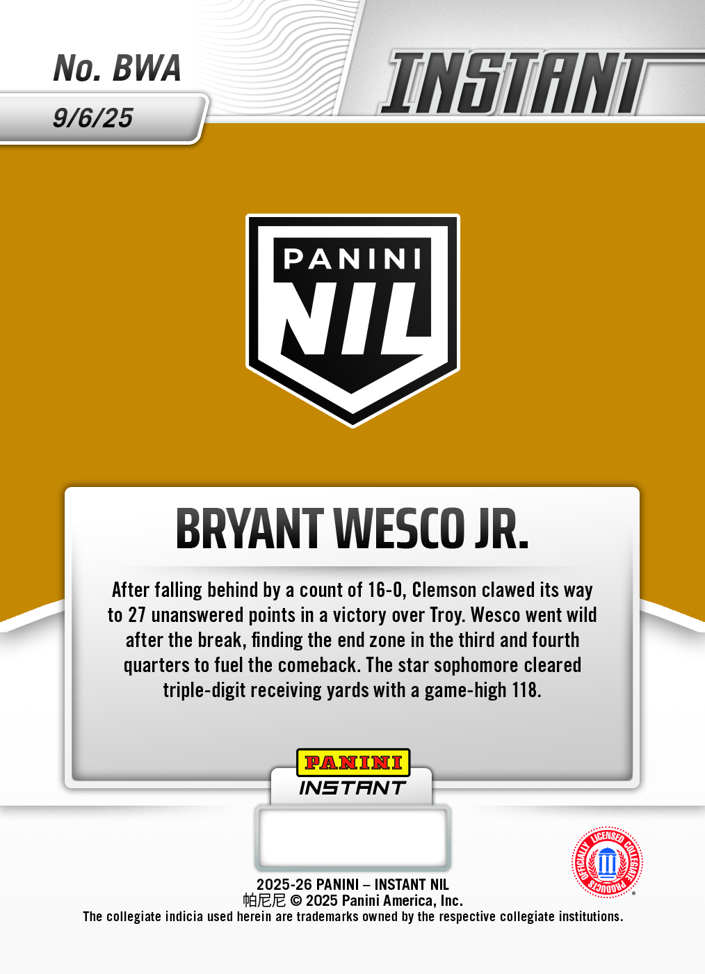 Bryant Wesco Jr. - 2025 Panini Instant NIL College Football #BWA - Base /99 Auto - Image 2