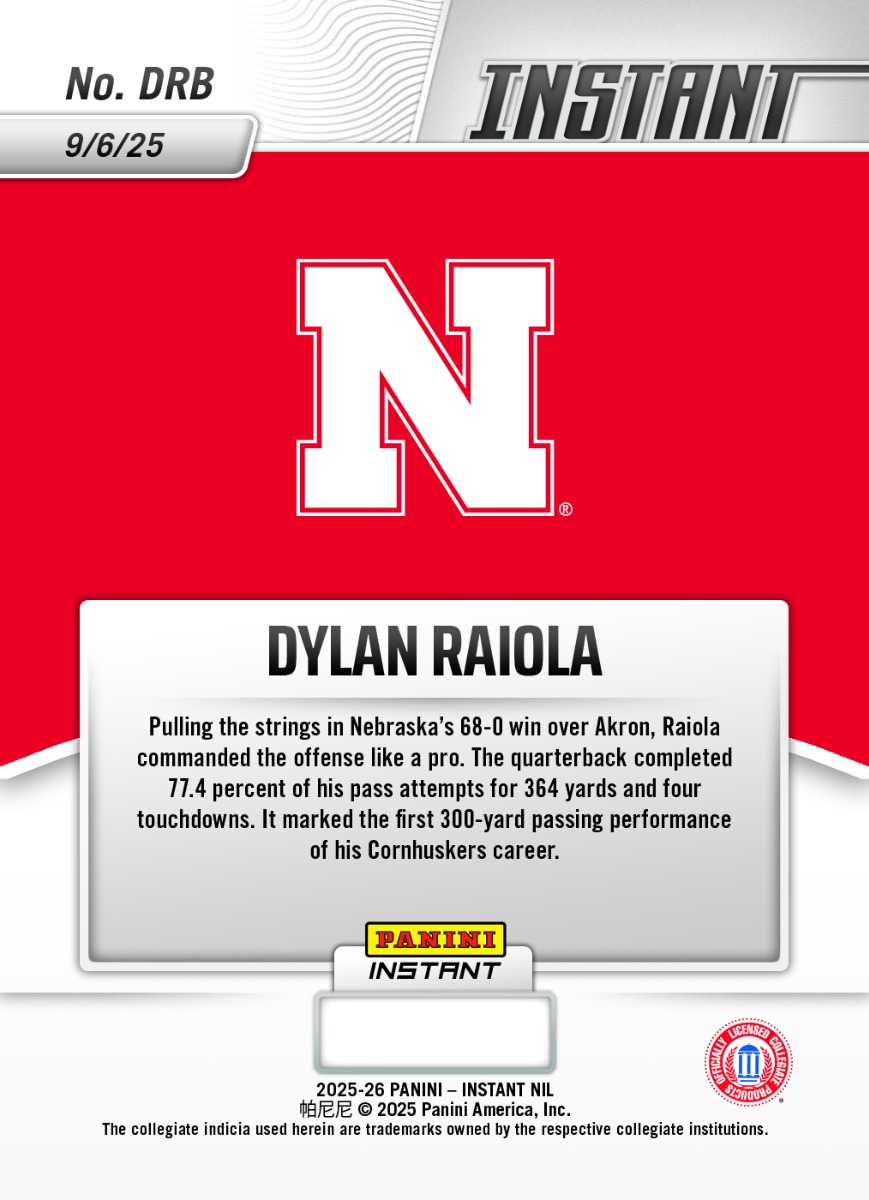 Dylan Raiola - 2025 Panini Instant NIL College Football #DRB - Base /99 Auto - Image 2