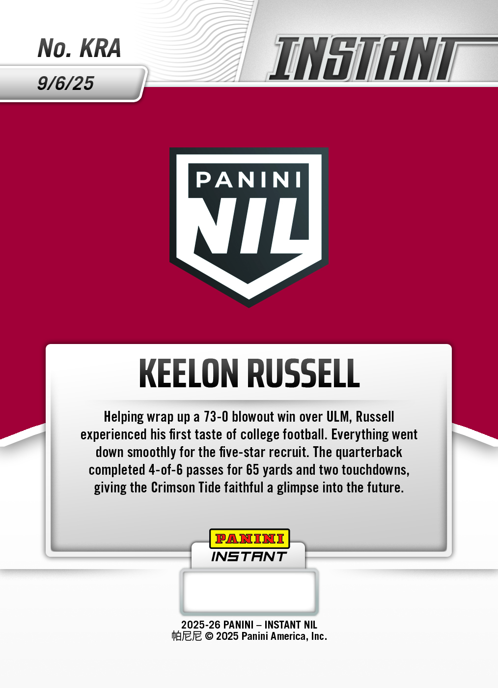 Keelon Russell - 2025 Panini Instant NIL College Football #KRA - Water /10 Auto - Image 2