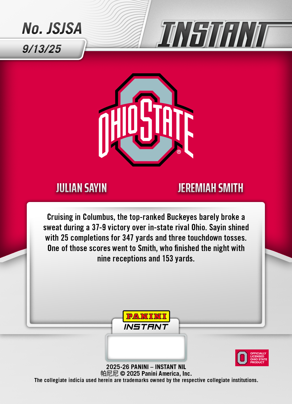 Julian Sayin/Jeremiah Smith - 2025 Panini Instant NIL College Football #JSJSA - Lightning /5 - Image 2