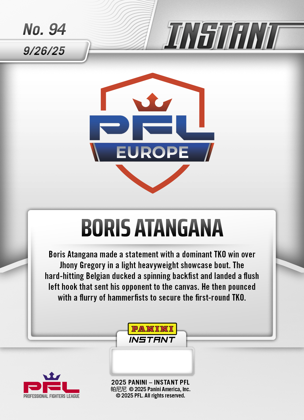 Boris Atangana - 2025 Panini Instant PFL #94 - Lightning /5 - Image 2