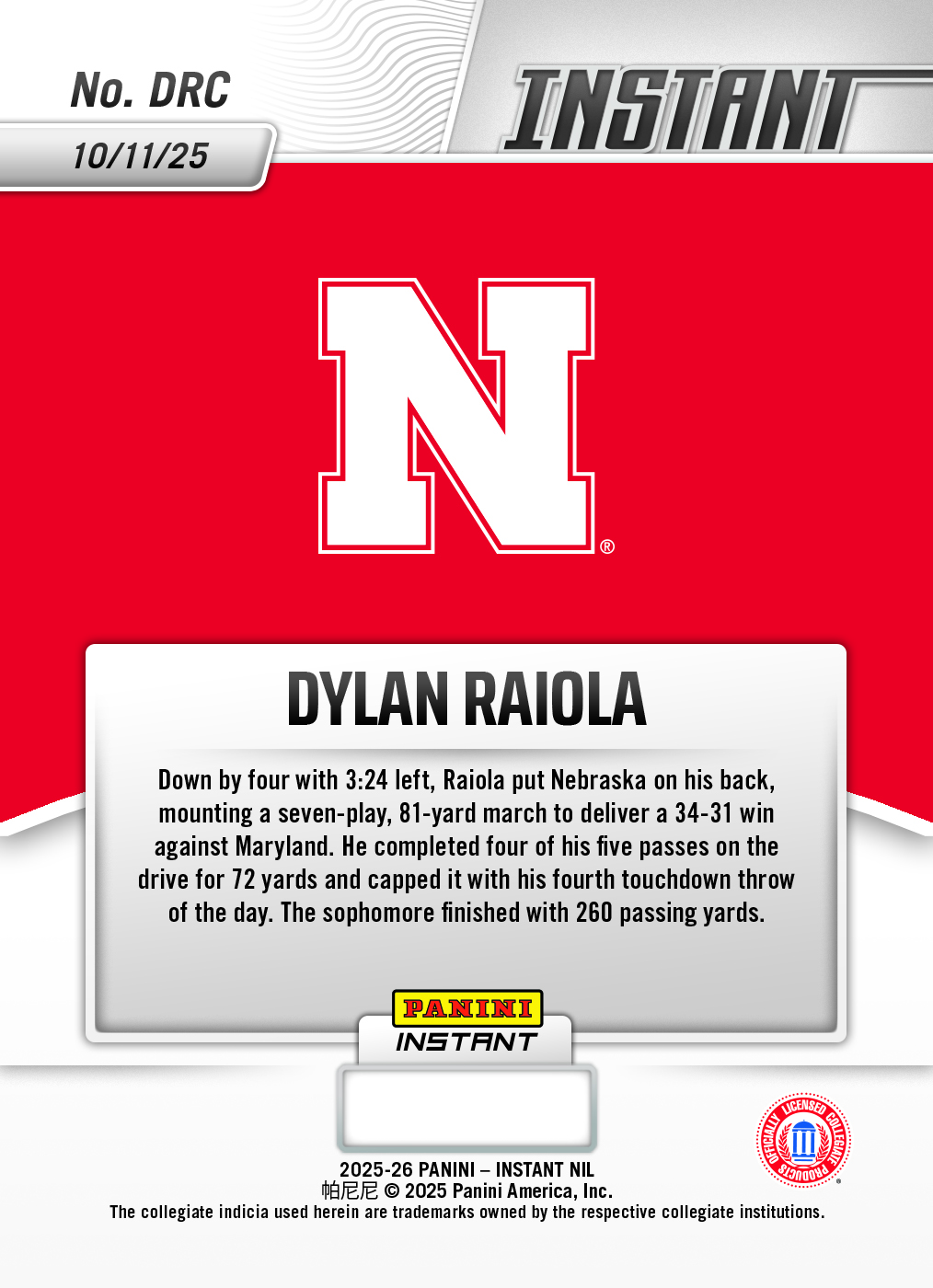 Dylan Raiola - 2025 Panini Instant NIL College Football #DRC - Magma 1/1 - Image 2