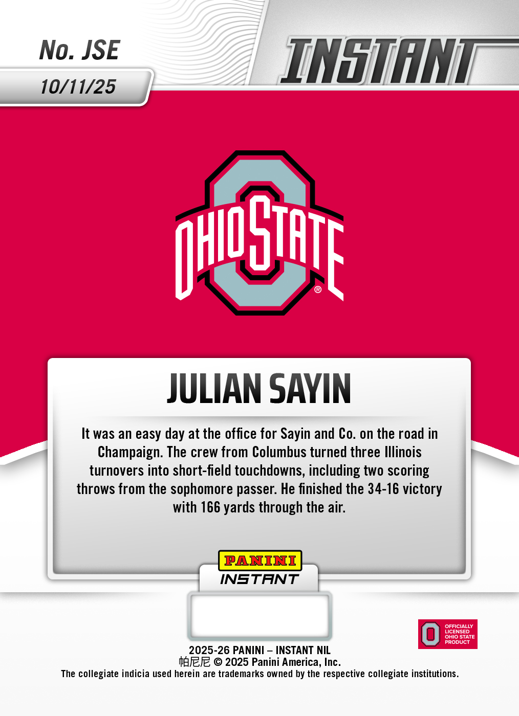 Julian Sayin - 2025 Panini Instant NIL College Football #JSE - Water /10 Auto - Image 2