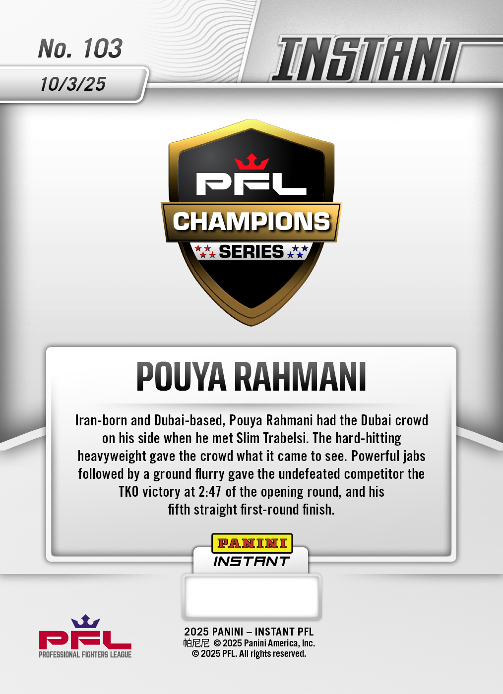 Pouya Rahmani - 2025 Panini Instant PFL #103 - Lightning /5 - Image 2