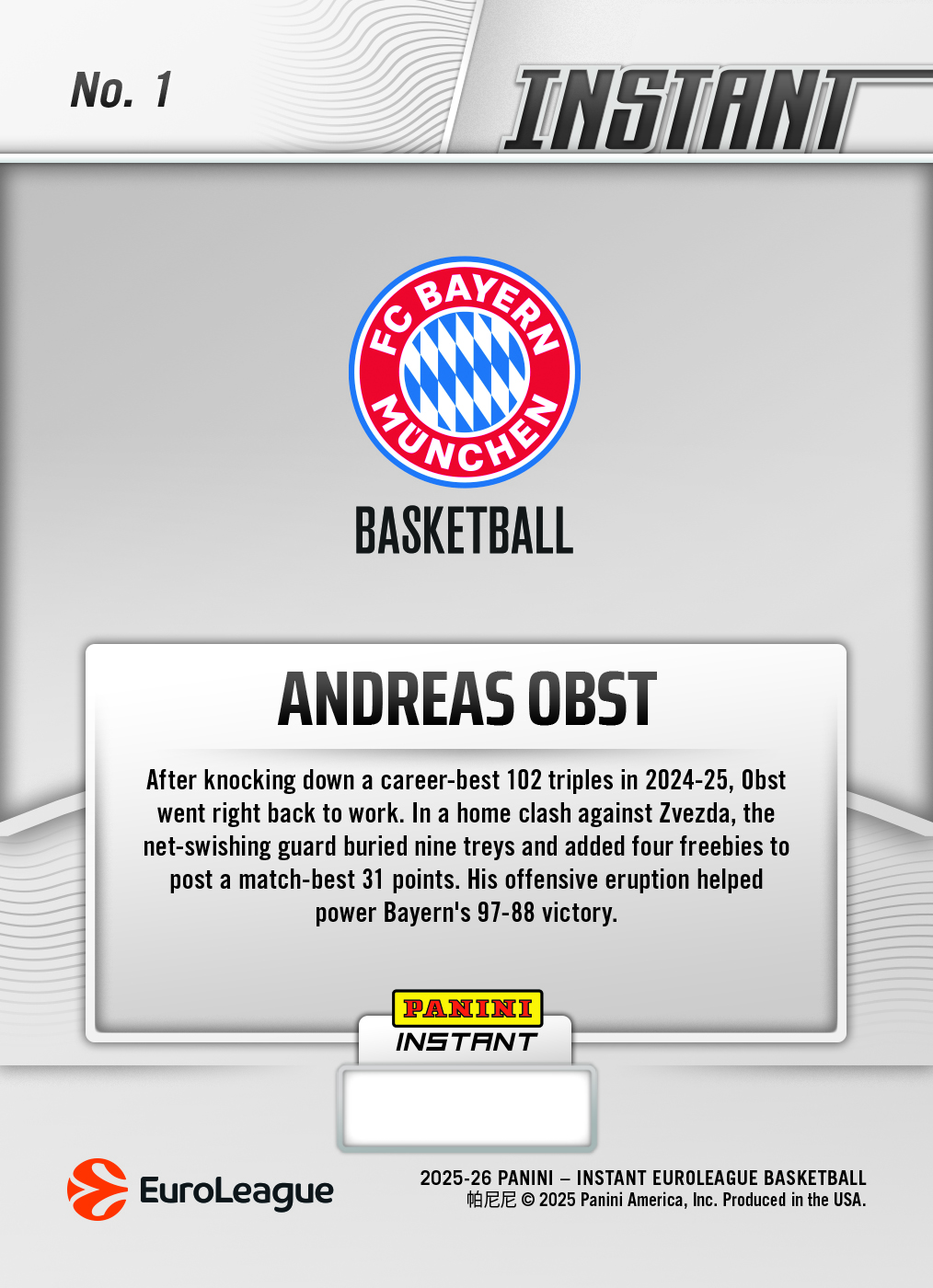 Andreas Obst - 2025-26 Panini Instant EuroLeague #1 - Metallic /5 - Image 2