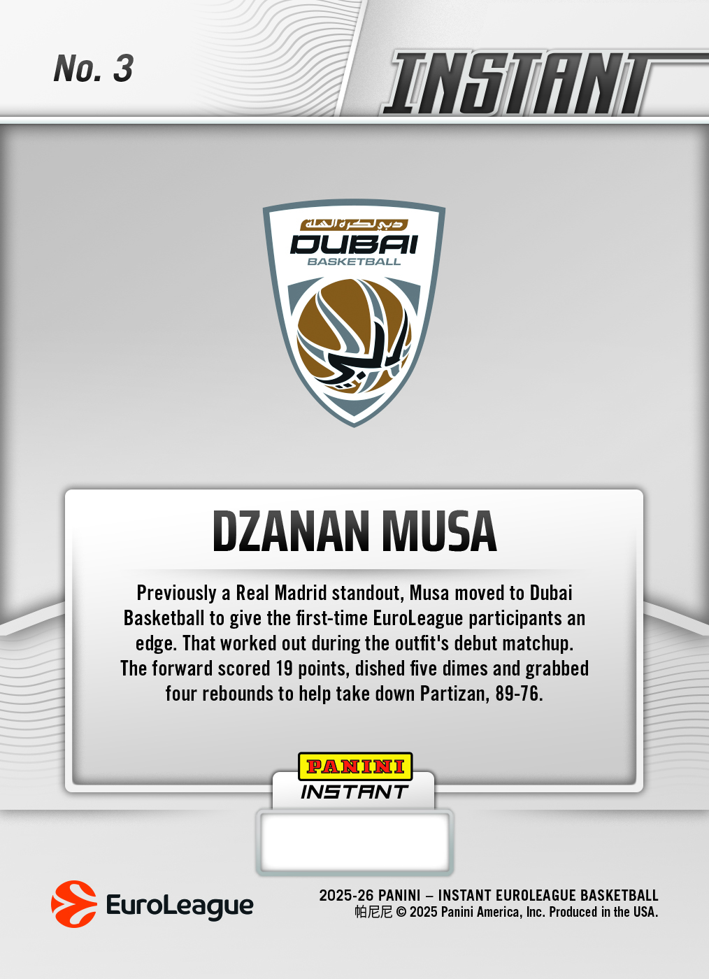 Dzanan Musa - 2025-26 Panini Instant EuroLeague #3 - Metallic /5 - Image 2