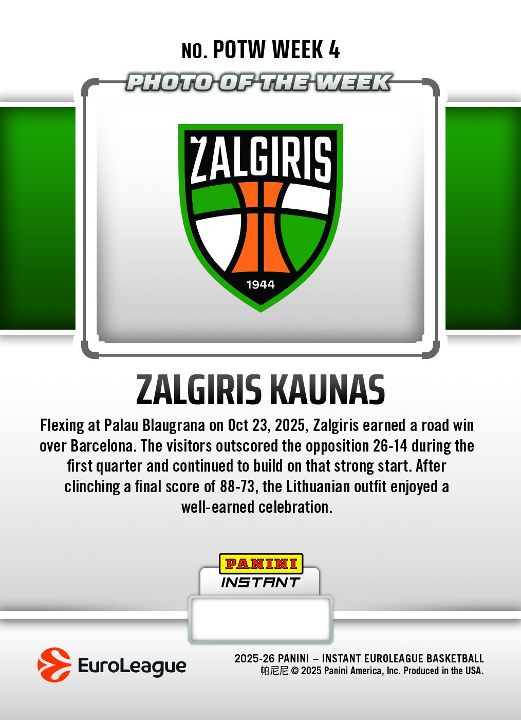 Zalgiris Kaunas - 2025-26 Panini Instant EuroLeague Photo of the Week #4 - Galaxy 1/1 - Image 2