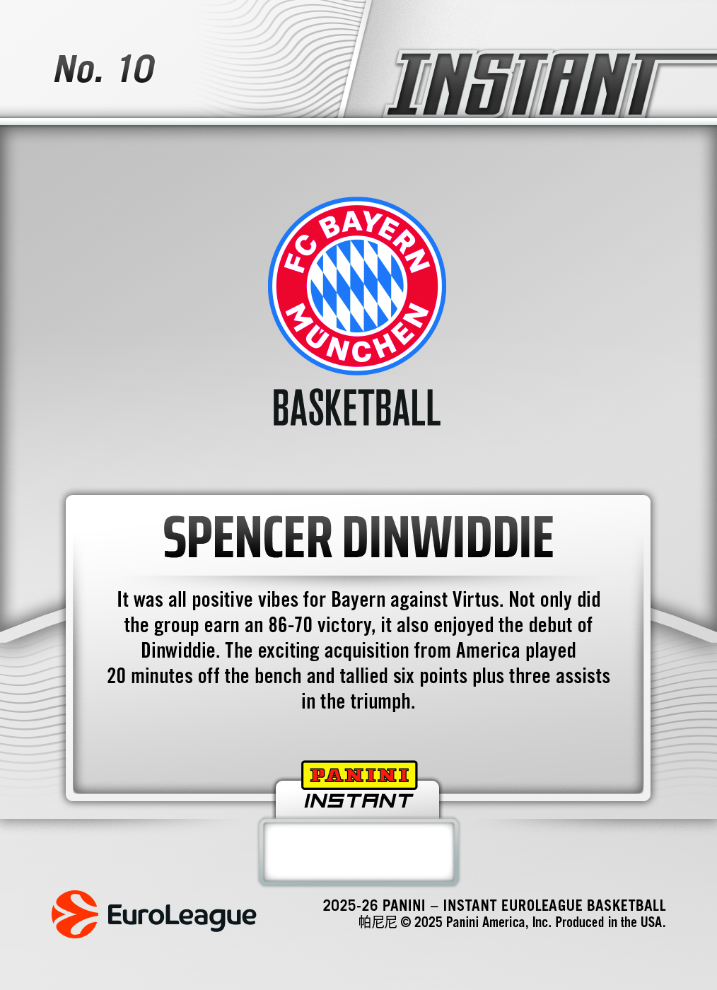 Spencer Dinwiddie - 2025-26 Panini Instant EuroLeague #10 - Gold /10 Auto - Image 2
