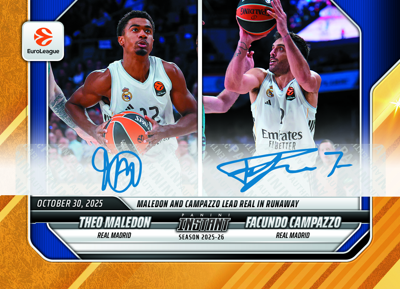 Theo Maledon/Facundo Campazzo - 2025-26 Panini Instant EuroLeague #13 - Gold /10 Auto